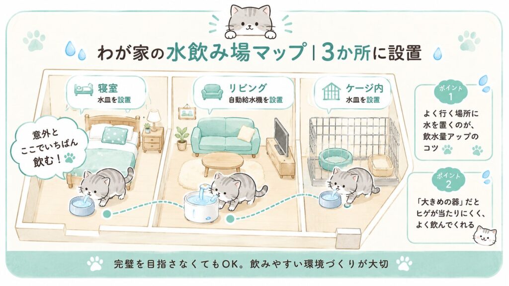 わが家の猫の水飲み場マップ（寝室・リビング・ケージ内の3か所に設置）