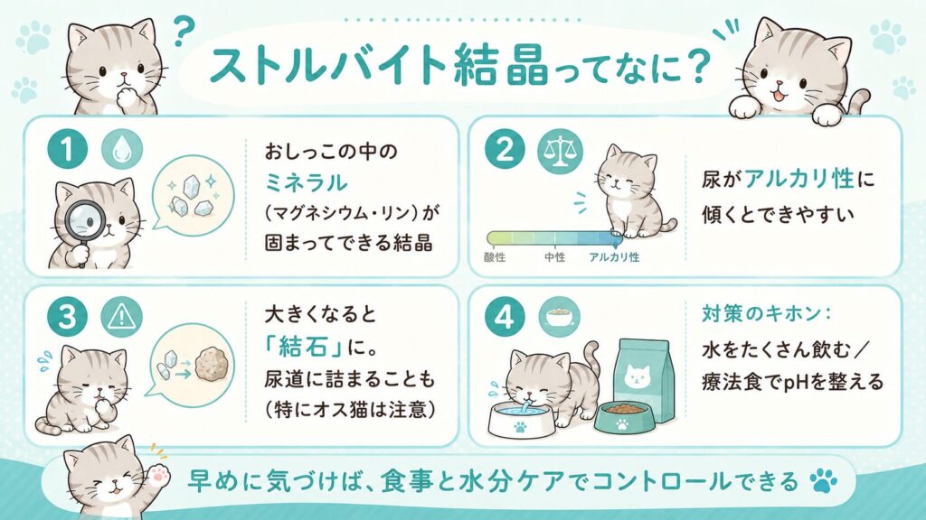 ストルバイト結晶とは何かを解説したイラスト（ミネラル・アルカリ性・結石・対策）