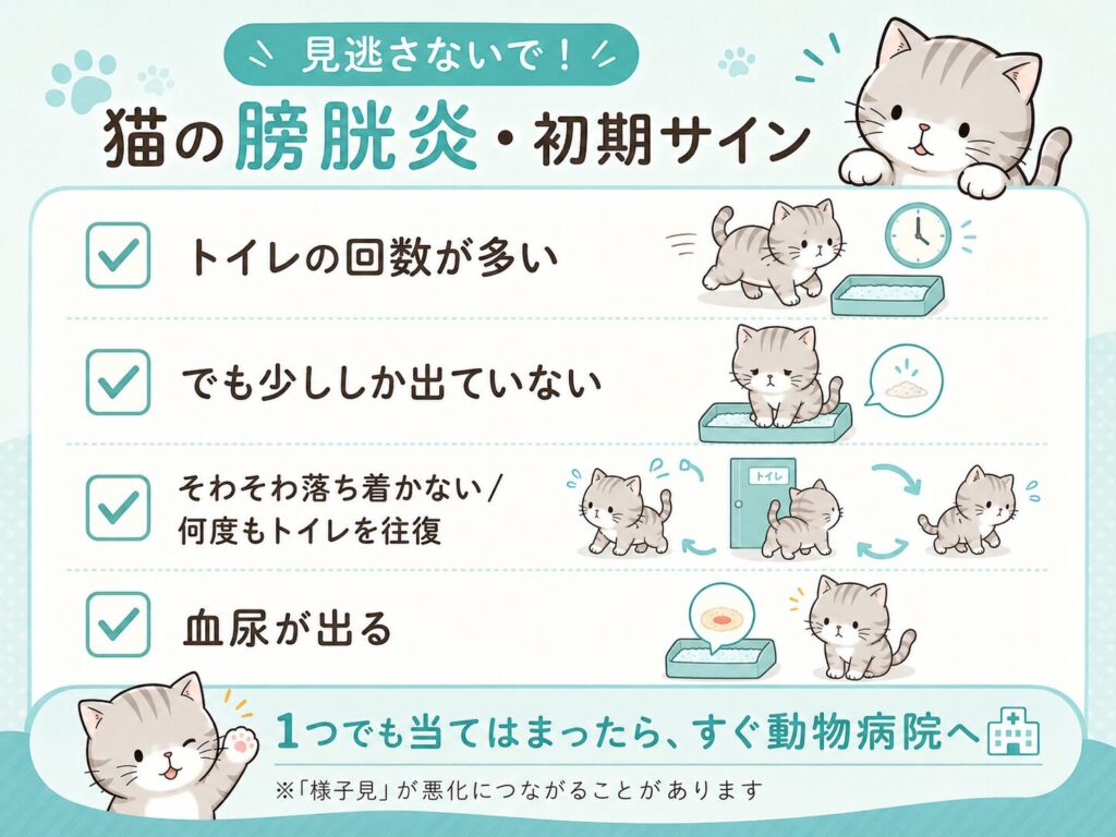 猫の膀胱炎の初期サインチェックリスト（トイレの回数・血尿など）