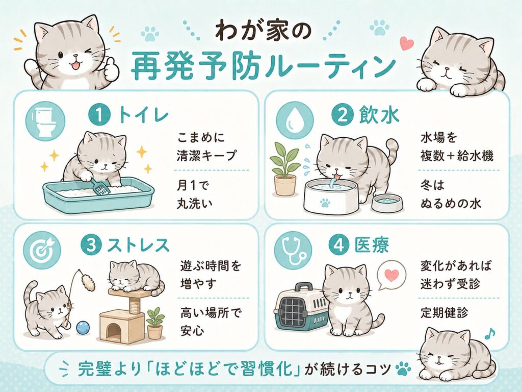 猫の泌尿器トラブル再発予防ルーティン（トイレ・飲水・ストレス・医療）
