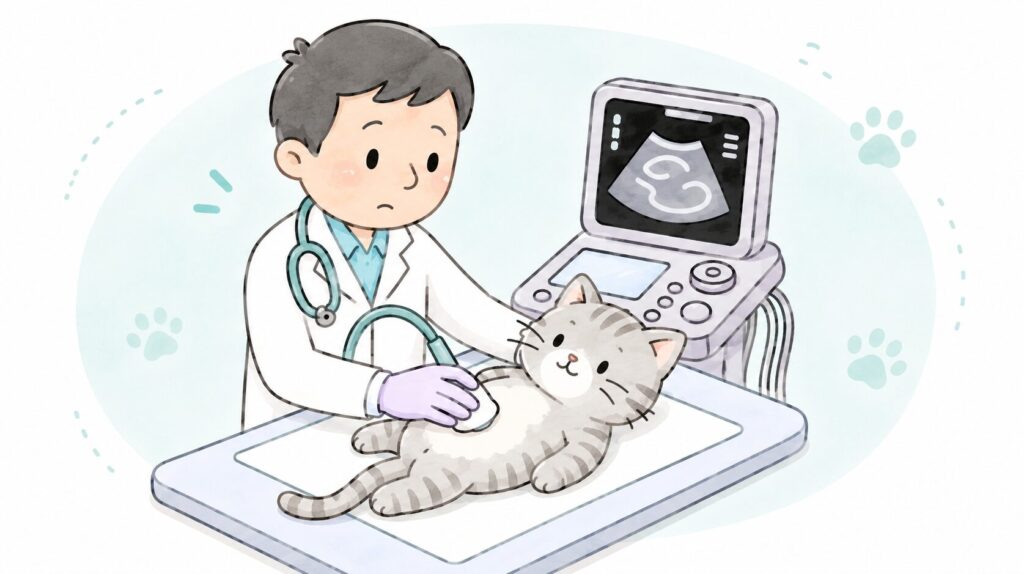 獣医師が猫（ウタマロ）にエコー検査をしているイラスト