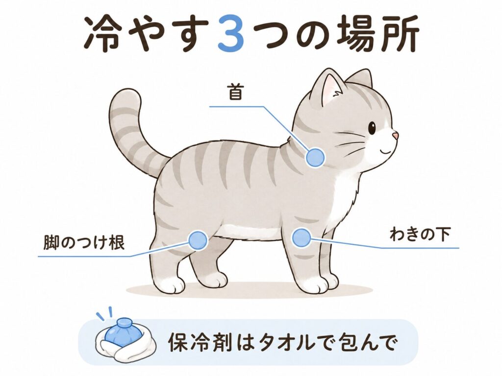 猫の熱中症で冷やす場所（首まわり・脇の下・後ろ脚の付け根）を示した図