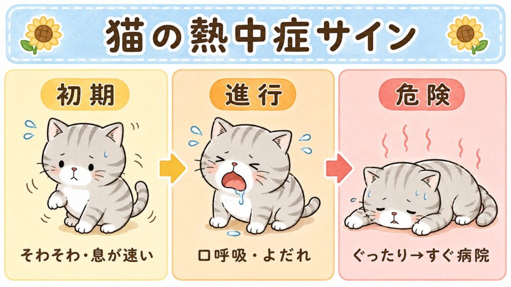 猫の熱中症の症状チェックリスト（初期・進行・危険の3段階）