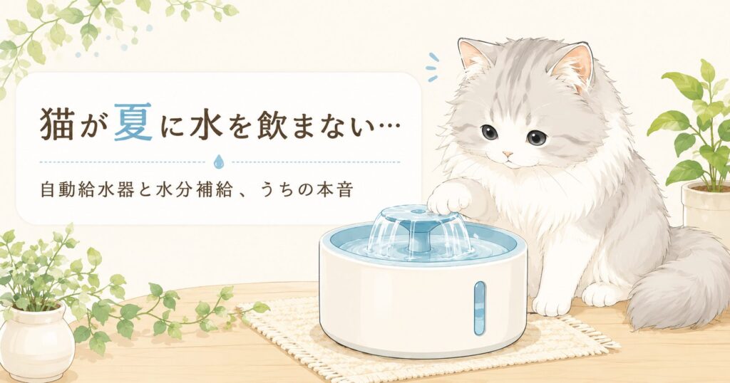 猫が夏に水を飲まないときの対策。自動給水器の水を前足で触る長毛猫