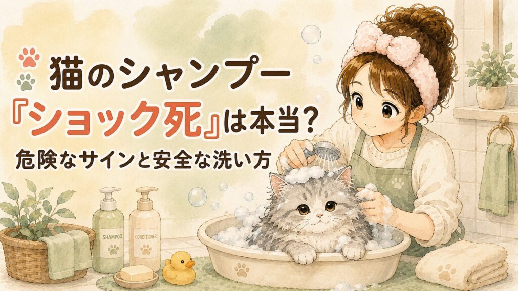 猫のシャンプー後にぐったりしないか心配する飼い主と長毛猫
