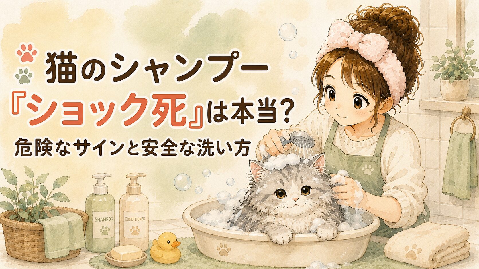 猫のシャンプー後にぐったりしないか心配する飼い主と長毛猫