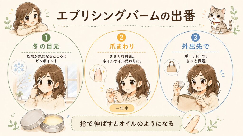 トリロジー エブリシングバームの使い道を、冬の目元、爪まわり、外出先の3つで示した図
