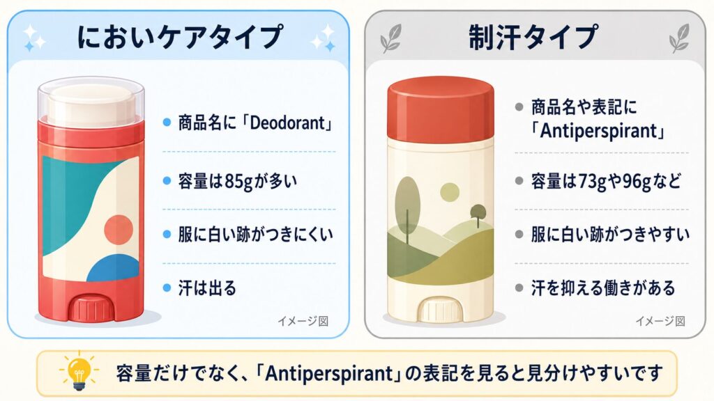 オールドスパイスのデオドラント2タイプの見分け方の図。においケアタイプは商品名にDeodorant・容量85gが多い・服に白い跡がつきにくい・汗は出る。制汗タイプは商品名にAntiperspirant・容量73gや96g・服に白い跡がつきやすい・汗を抑える働きがある