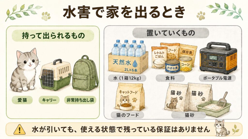 水害で家を出るとき、持って出られるのは猫とキャリーとリュック1つ分。
水・食料・ポータブル電源・猫のフード・猫砂は置いていくことになる
