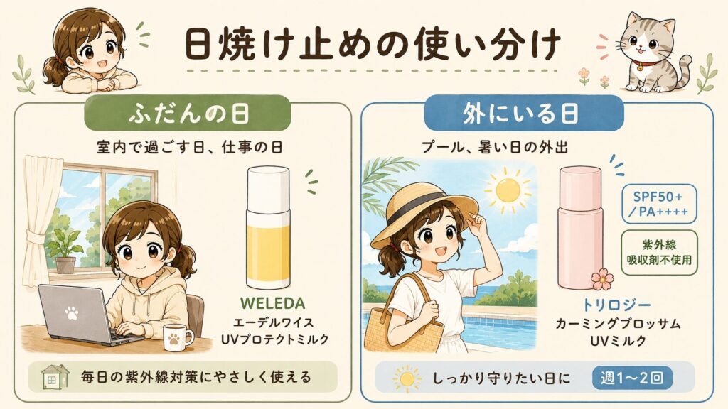 室内の日はWELEDA、外にいる日はトリロジーという日焼け止めの使い分けを示した図