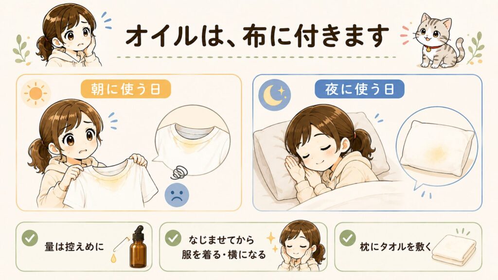 ローズヒップオイルが白い服の襟や枕カバーに付く注意と、3つの対策を示した図