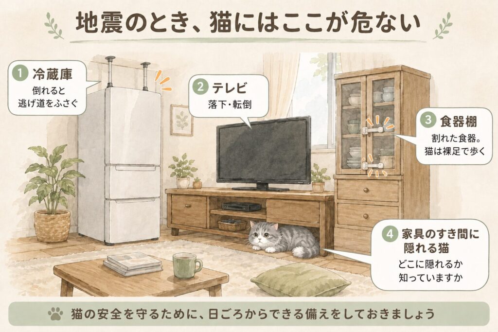 地震のとき猫に危ない場所。倒れると逃げ道をふさぐ冷蔵庫、落下するテレビ、割れた食器の食器棚、家具のすき間に隠れる猫
