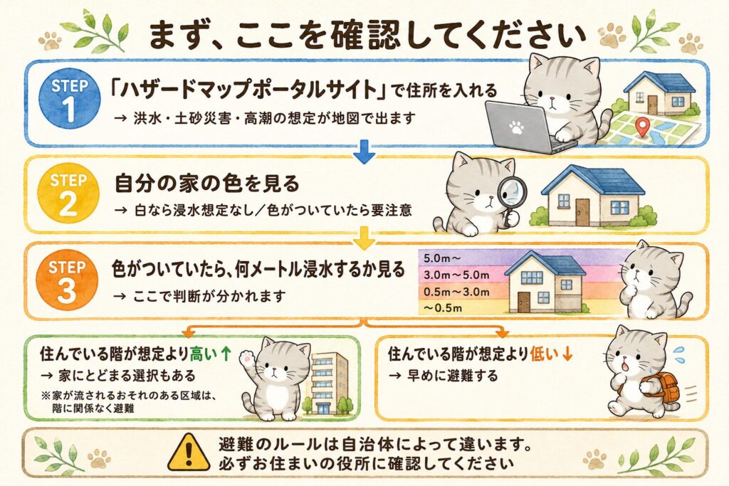 ハザードマップの見方3ステップ。住所を入れる、家の色を見る、色がついていたら浸水の深さを見る