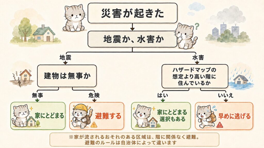災害の種類で判断が分かれるフローチャート。地震は建物が無事なら家にとどまり、水害はハザードマップの想定より高い階なら家にとどまる選択もある