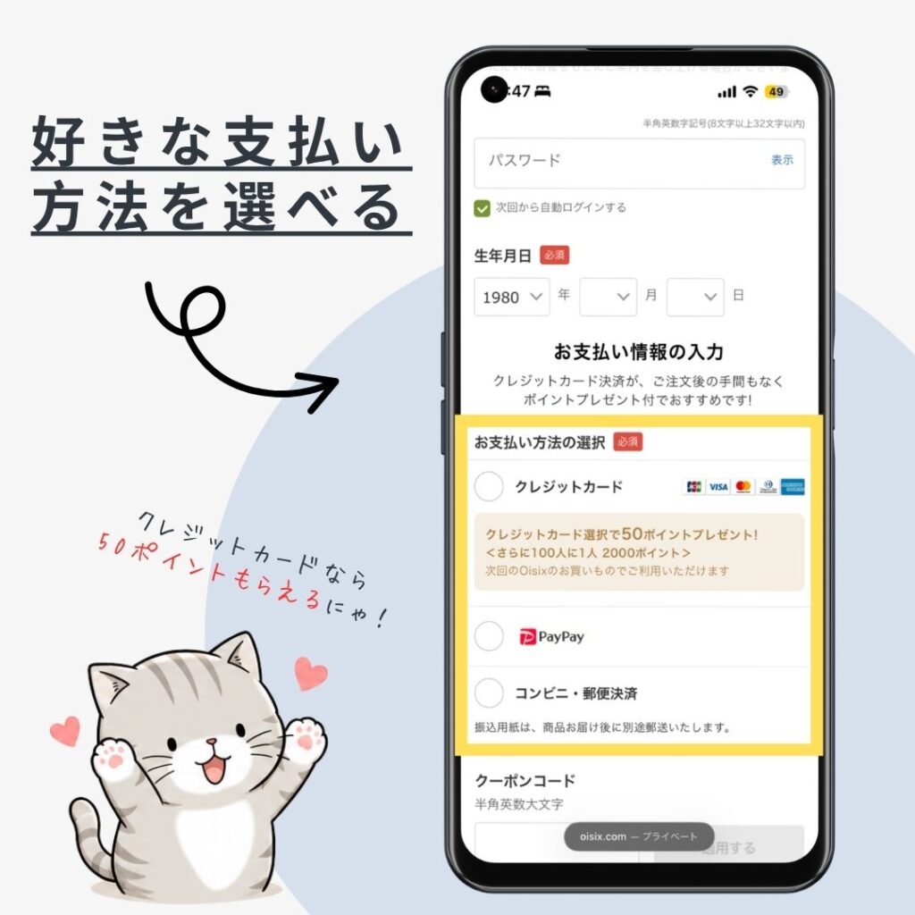 オイシックスお試しセットの注文画面で選べる支払い方法（クレジットカード・PayPay・コンビニ・郵便決済）