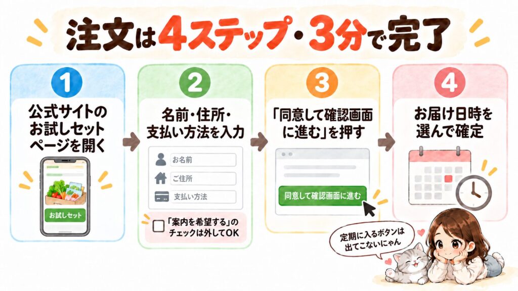 オイシックスお試しセットの注文手順を4ステップで示した図