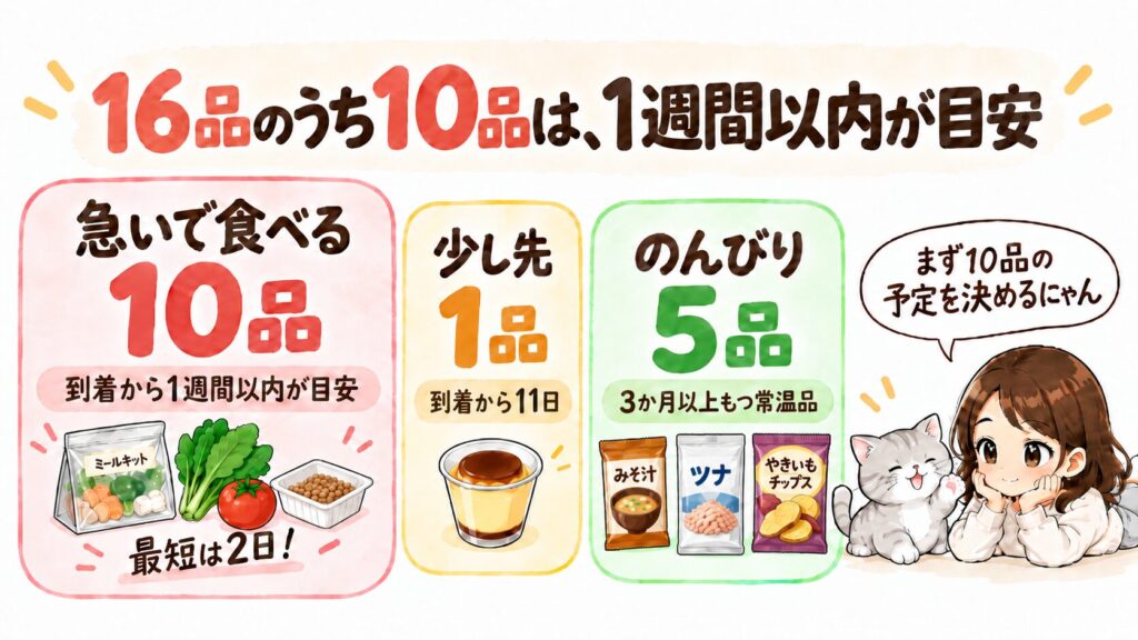 オイシックスお試しセット16品を賞味期限の長さで3つに分けた図。10品は到着から1週間以内が目安