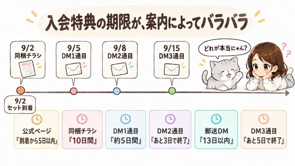 オイシックスお試しセットの入会特典の期限を、届いた案内ごとに並べた図