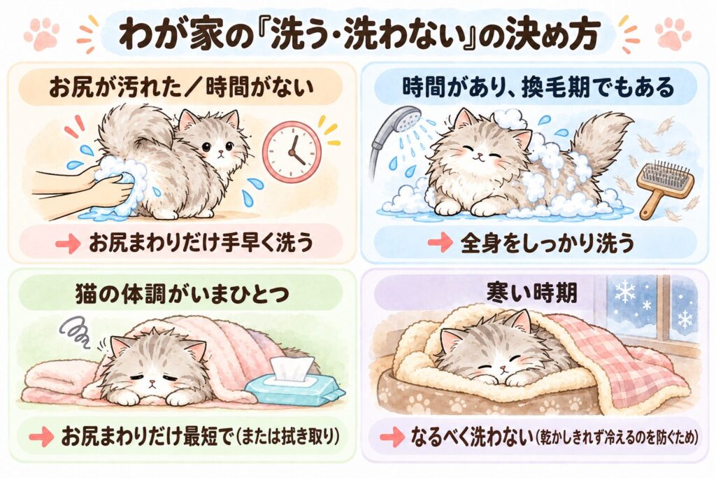 長毛猫を洗う・洗わないの決め方の図解（状況別のわが家のケア）