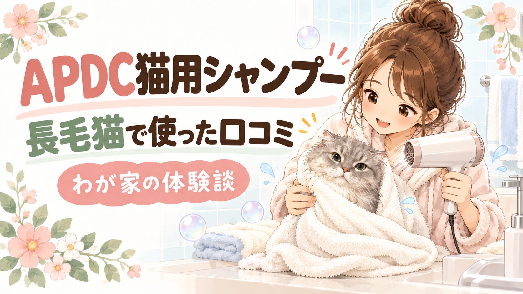 APDC猫用シャンプーを長毛猫に使った口コミ（シャンプー後にタオルとドライヤーで乾かす長毛猫）