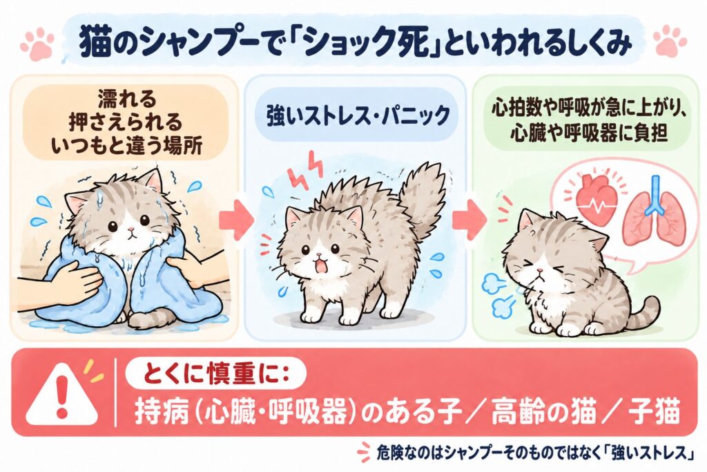 猫のシャンプーでショック死といわれるしくみの図解（強いストレスで心臓や呼吸器に負担）